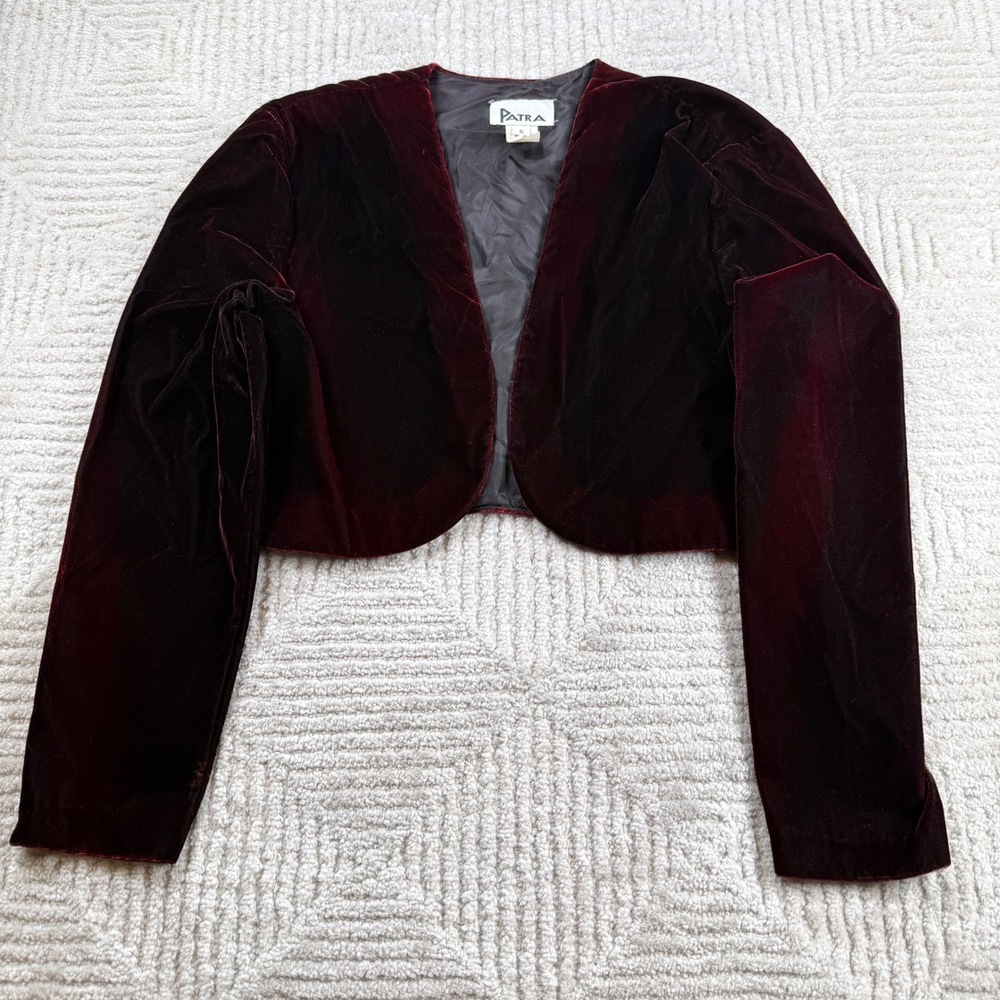 Patra Velvet Bolero Jacket Womens 6 Burgundy Cropped Evening Shrug USA VTG 90s